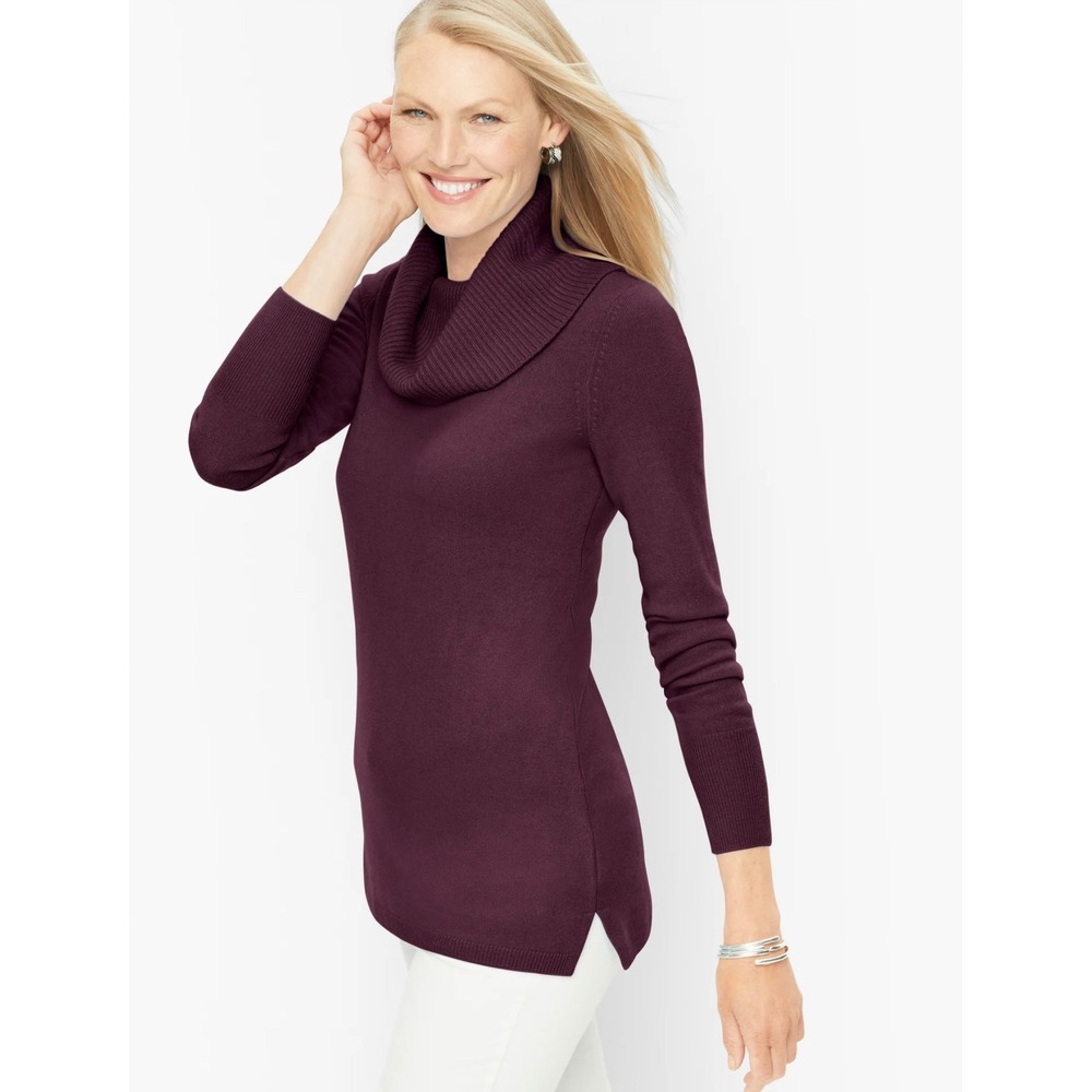 Talbots Pure‎ Cashmere Cowlneck Tunic Pullover Sweater Small Purple Ribbed Trim